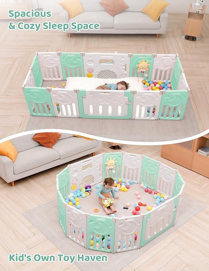 Dripex Baby Playpen, 14-Panel Foldable Playard for Toddlers 6-36 Months, Adjustable & Portable Indoor Outdoor Safety Play Area with Anti-Pinch Design, Game Panel and Safety Gate, Light Green White