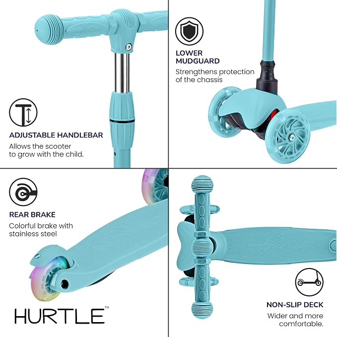 Hurtle Mini Kickboard 3 Wheel Scooter for Kids Ages 2-5 - Lean-to-Steer Toddler Scooter with Light-up LED Wheels, Adjustable Height & Rear Foot Brake for Boys. & Girls, Anti-Slip, Indoor/Outdoor
