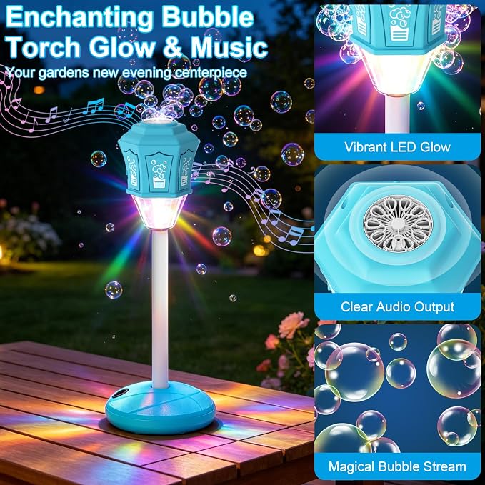 Bubble Machine for Kids, Bubble Torch, Rechargeable Automatic Bubble Machine with Lights Music, 3-Level (20 to 47 in) Adjustable Height Standing Bubble Blower for Outdoor Party Wedding Garden