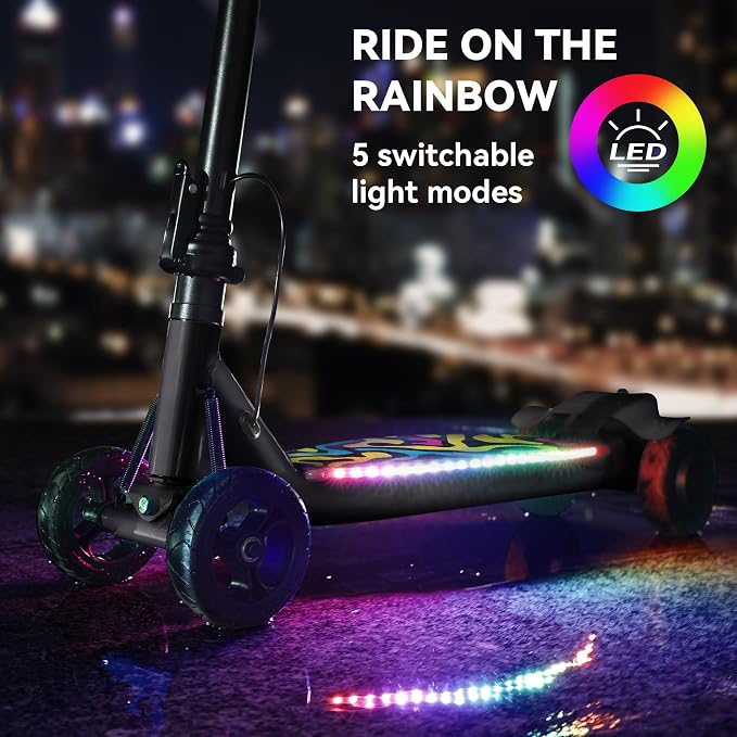 4-Wheel Electric Scooter for Kids w/ 250W Motor, Max 10 MPH & 8.5 Miles, Foldable E-Scooter for Kids with Rainbow Lights, LED Display, 5 Speeds & Adjustable Balance, UL-2272 Certified