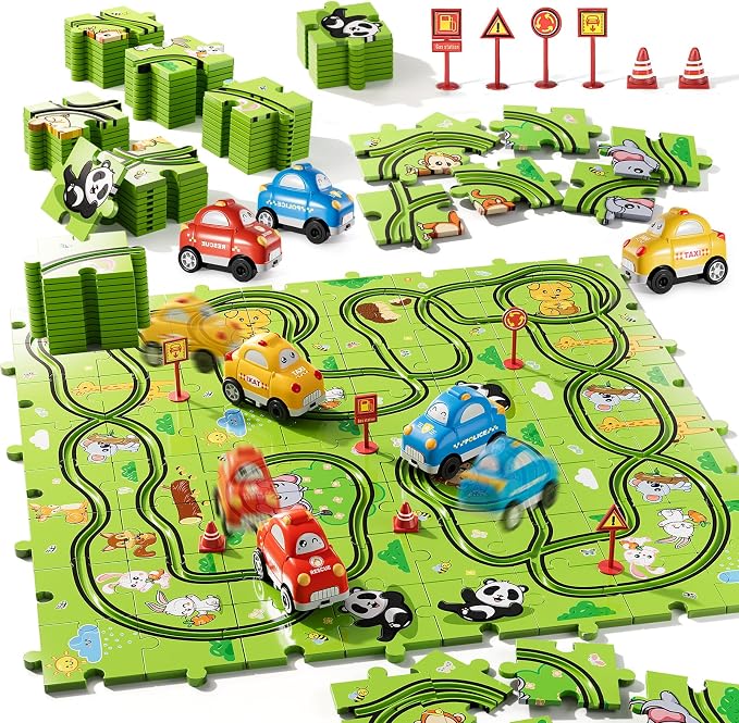 Bennol Toddler Car Toys Gifts for 2 3 4 5 Year Old Boys 73PCS Jigsaw Puzzle Race Track Car Set Toys for Kids Toddlers 1-3 2-4 3-5 4-6 Puzzle Race Car Tracks Birthday Gifts for 2 3 4 5 Year Old Boy