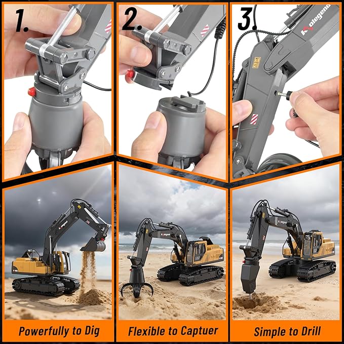 kolegend 3 in 1 Remote Control Excavator Toy 14 Channel RC Excavator Toy for Boys 3-12 with Bucket/Claw/Drill 2.4GHz Full Functional Construction Vehicles Toys Gift for 6 7 8 9 10 Years Old Kids Boys