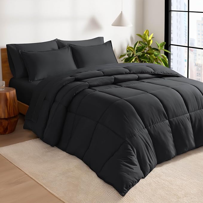 Bare Home Bed-in-A-Bag 7 Piece Comforter & Sheet Set - Queen - Goose Down Alternative - Ultra-Soft 1800 Premium - Bedding Set (Queen, Black/Black)