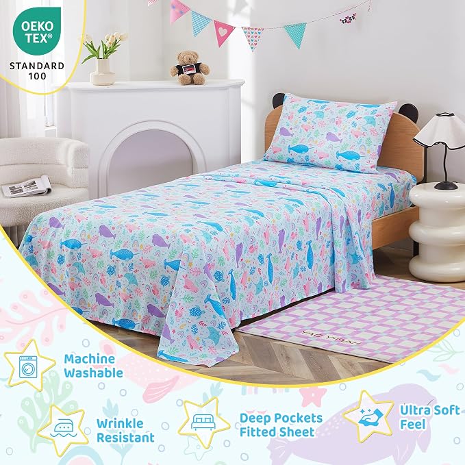Viviland 3 Pieces Girls Blue Marine Twin Sheet Set - Soft Microfiber Fitted Flat Sheets & Pillowcase Bed Sheet Set - Colorful Marine Animals Print Bedding Sets for Kids
