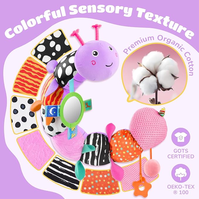 AWOTOY Baby Toys 6-12 Months Music Caterpillar Infant Toys Stuffed Animals | 0-3-6 Months Sensory Toys Tummy Time Teething Toys with Mirror Pull String Rattle for Newborn Boy Girl Shower Birthday Gifts