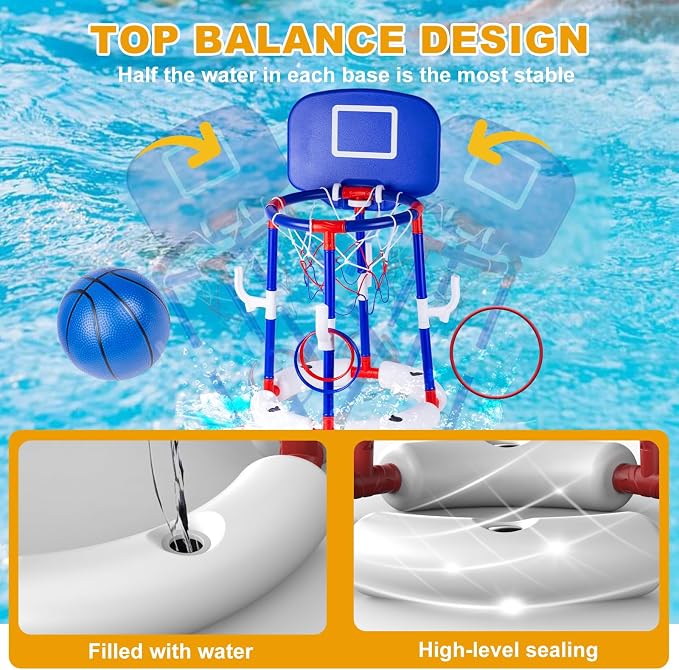 Taotuo Blue Floating Pool Basketball Hoop with Backboard, 2-in-1 Poor Toy Basketball & Ring Toss Game with 4 Balls, 6 Rings&Pump, Summer Pool Toys Outdoor Water Fun Family Party for Age 3-12