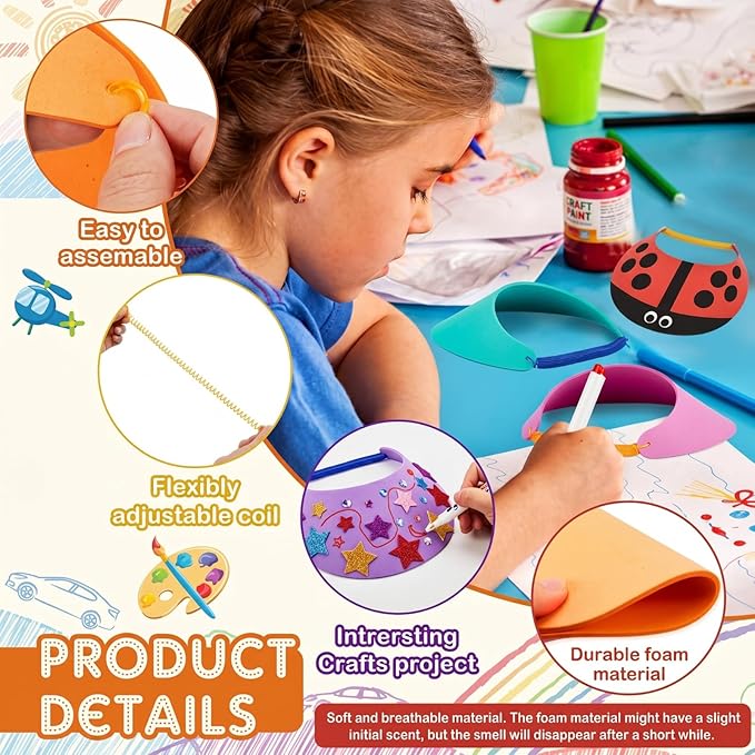 Outus 35 Pcs Assorted Craft Decorations with 24 Foam Visors for Kids, DIY Sun Visor Kit with Stickers & Markers for Arts & Crafts Activities (Bright Color)