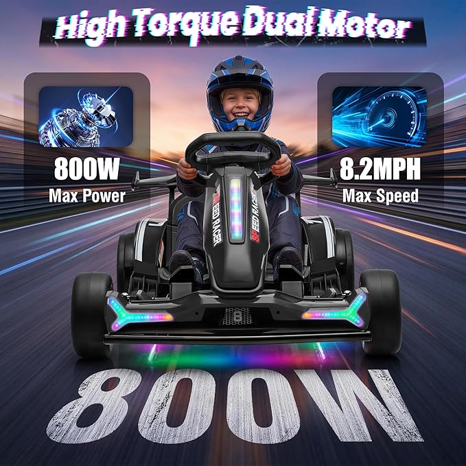24V Electric Go Kart, Kids Drift Kart with Dual 400W Motors, Length Adjustable Seat, 8.2 MPH Max, 130LBS Max Load, Outdoor Ride on Toy Crazy Kart w/Bluetooth Music, Rainbow Light