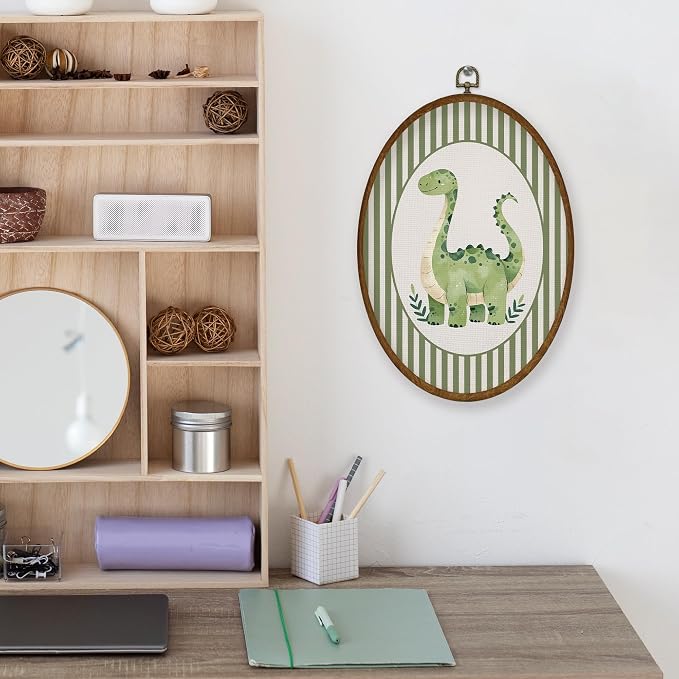 WULQYING Vintage Dinosaur Nursery Wall Art Decor, Boys Room Oval Framed Canvas Art Prints, Green Striped Brontosaurus Dino Wall Hanging Decor for Kids Boys Room Bedroom Playroom, 8.6x11.4 Inches