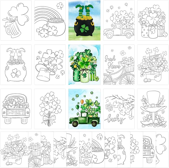 COCHIE 36PCS 8x10 Inches St. Patrick's Day Coloring Pages for Kids, Bulk Color Your Own Sanit Patricks Shamrock Paper Crafts Party Favors, Small Coloring Sheets Holiday Gifts