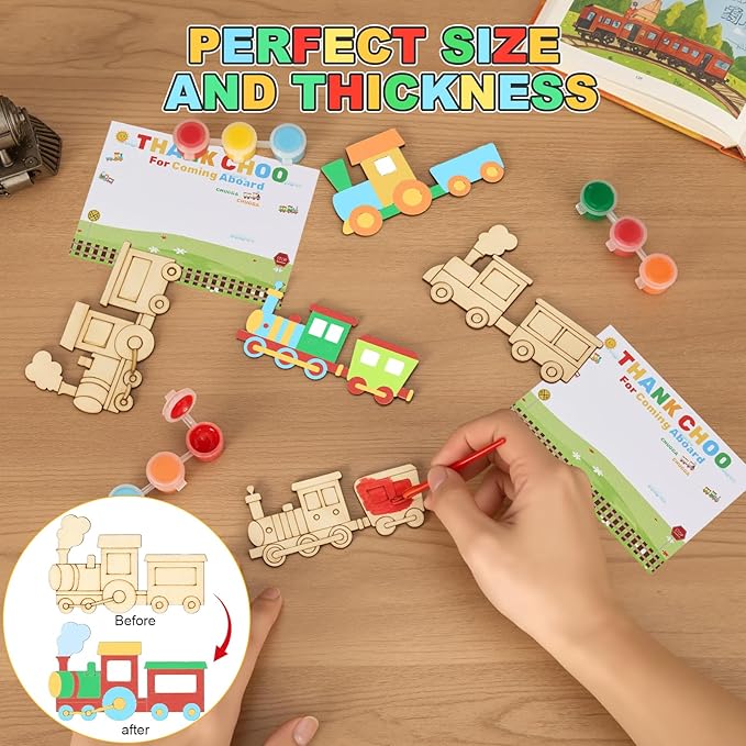 24 Set Train Party Favors, Train Birthday Party Supplies, Wood Trains Painting Crafts Kits, Magnets with Card for School DIY Activity Trains Theme Choo Choo Birthday Party Decor Thank You Gifts