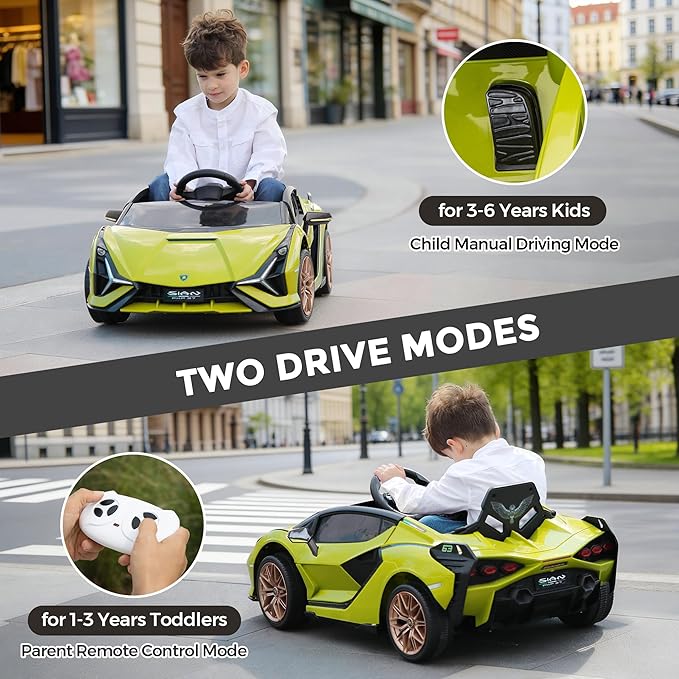 TOBBI 12V Kids Electric Ride On Car, Licensed Lamborghini SIAN Parente Remote Control Toy Toddler Battery Powered 4 Wheeler Vehicle to Drive with Safety Belt/Horn & LED Lights for Children 1-6-Green