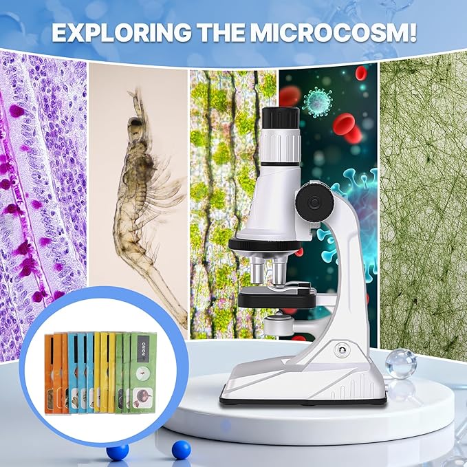 61 Piece Kids Microscope Kit - 100X-1200X with LED Light, Science Kit with Blank and Prepared Slides, Phone Holder, Carrying Box, STEM Project Toy, Educational Gift for Children Ages 6-12
