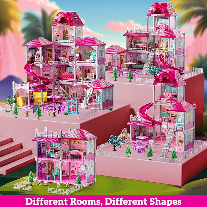 JUKUDAHU Villa Playset for Girls Ages 3-7, 4-Story 12 Room House with 2 Dolls, Furniture and Accessories, Indoor Playset Girls Toys for Ages 6-8, Pretend Toddler Toy, Birthday Gifts for Kids 4-8