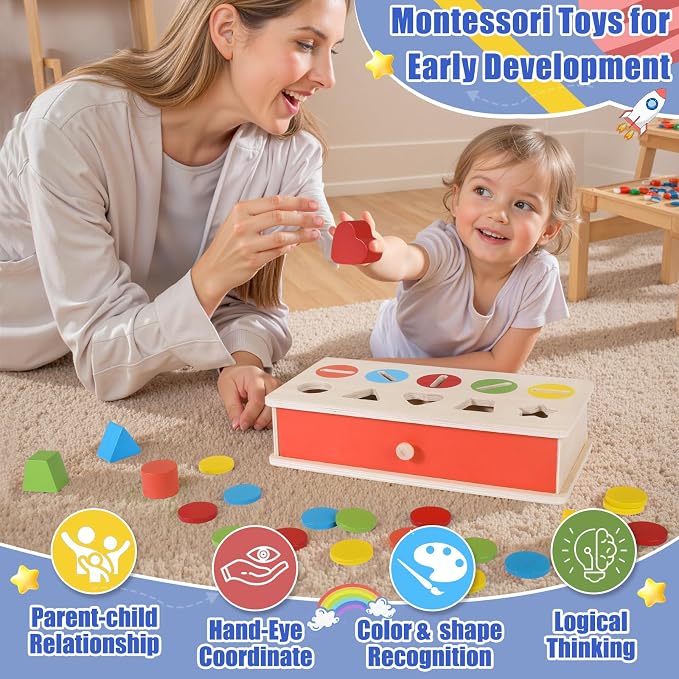 Wooden Color Shape Sorting Matching Toys, Shape Sorters for Toddlers, Fine Motor Skills Early Learning Montessori Toys, Gift for 3 4 5 6 Year Old Boy Girl Kid Gifts