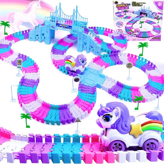 Tracks Car Toys Set for 2 3 4 5 6 7 Year Girl Toddler, 248 PCS Pink Magic Bendable Race Track Toy with 1Unicorn Car Toy and 1 Pink Train, Birthday Gift Idea for Kid