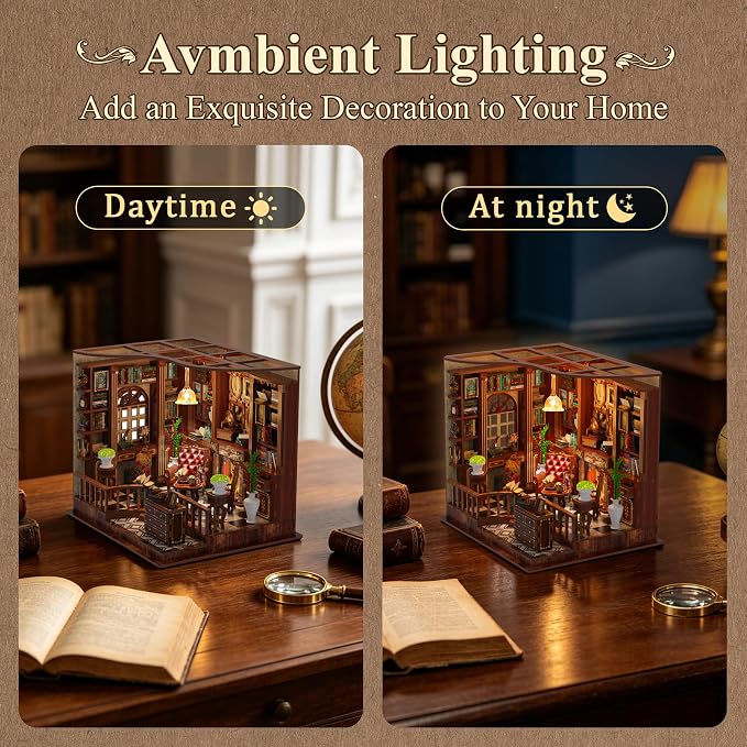 SUNNINO Book Nook Kits for Adults, DIY Miniature Dollhouse Kit 3D Wooden Puzzles for Adults and Beginners with Led Light, Book Nook Bookshelf Decor Craft Gifts for Family Friends