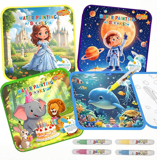 Bresdim Water Painting Books for Toddlers – 4Pack Magic Water Reveal Coloring Books with Water Pens (Princess, Space, Animal,Ocean) No-Mess Coloring & Reusable Fun Travel Activity for Kids Ages 1-3–6