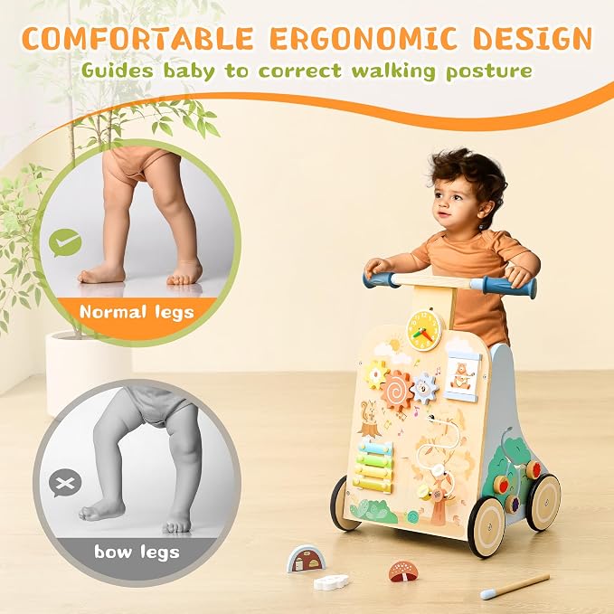 Wooden Baby Walker, Baby Push Walker for 12+ Months, Baby Walker with Activity Center, Push and Pull Walkers for Boys Girls