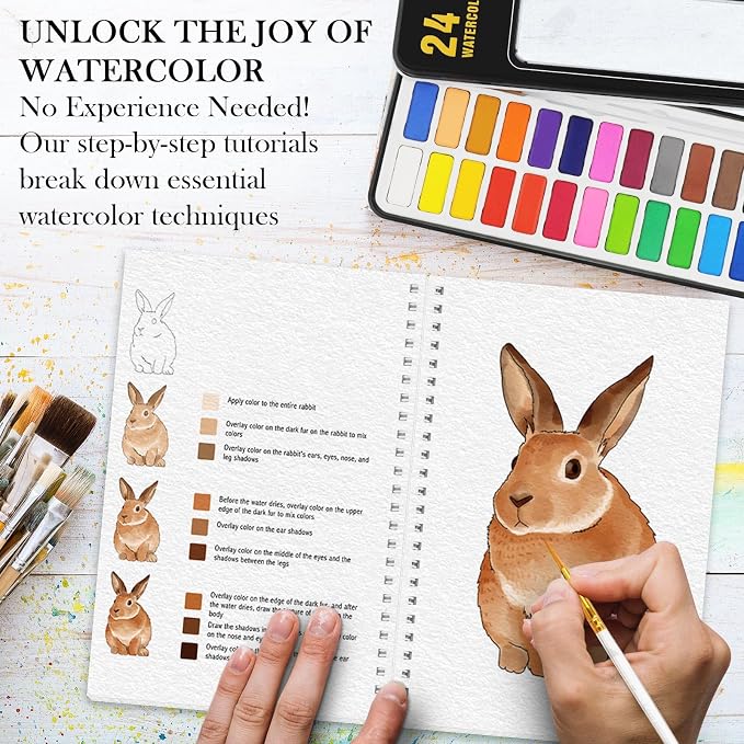 3Pcs Watercolor Workbook Paint Book Beginner Friendly Painting Kit, 36 Pages Workbooks with 24 Paint Colors & Brush for Beginners, Stress-Relieving Gift for Women Adults (Bouquet&Animals&Birds)
