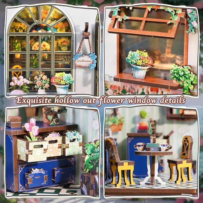 DIY Miniature House Kit, Flower Shop Book Nook Kit, Mini House Building Kit, Miniature Dollhouse Kit for Adults and Teens, 3D Wooden Puzzles with LED Light, Bookshelf Craft Kit for Family and Friends