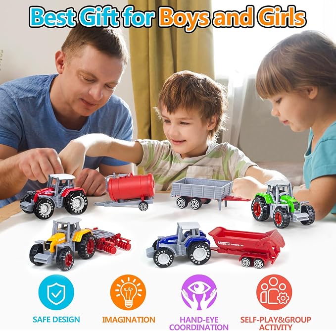 4 Pack Farm Tractor Toys, Die cast Tractor Toys with Trailers for Kids 3-5 Detachable Alloy Farm Tractors and Truck Toys for Toddlers Boys 3 4 5 6 7 8 Birthday Gift & Cake Toppers