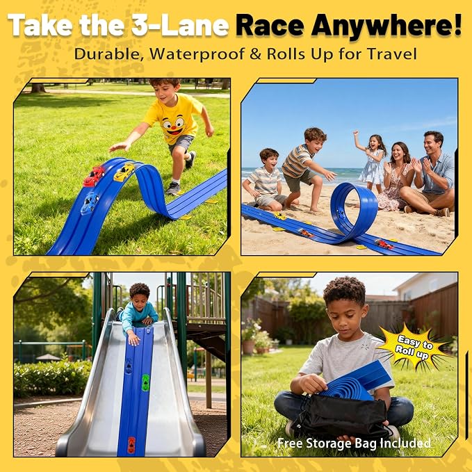 3-Lane Flexible Race Track for Kids - 20FT Flex Race Car Ramp Track with Strong Suction Cups, Rolls Up Portable DIY Racetrack Compatible with Hot Wheels & Diecast 1/64th Cars