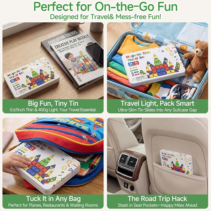 Mini Magnetic Tiles for Kids Travel: 40 PCS Cartoon Tin Box Magnet Building Blocks to Stop Crying - 60 Mins Quiet Play 30s Cleanup - Birthday Gift Boys Girls Age 3-8