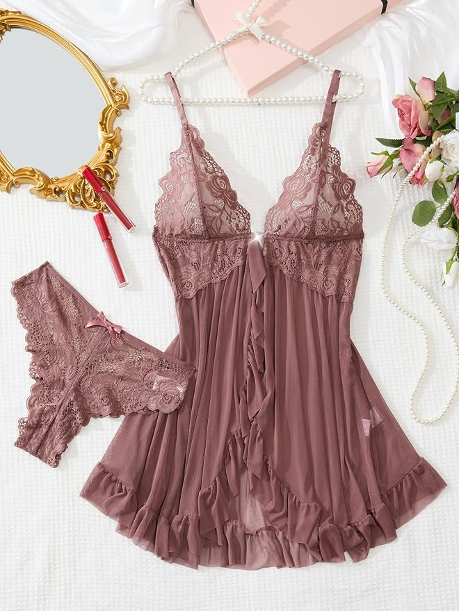 Foxiny Sexy Open Front V Neck Ruffle Sheer Mesh Lace Wireless Babydoll Lingerie Dress with Thong 2 Piece