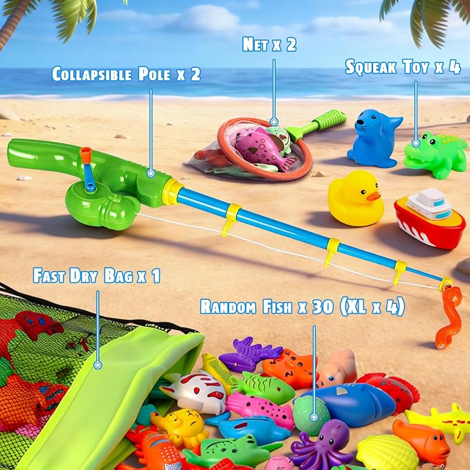 CozyBomB™ Magnetic Fishing Toys Game Set for Kids | Water Table Bathtub Kiddie Pool Party Pole Rod Net, Outdoor Plastic Floating Fish, Toddler Bath Color Ocean Sea Animals Birthday Gift Age 3-5 6 4-8