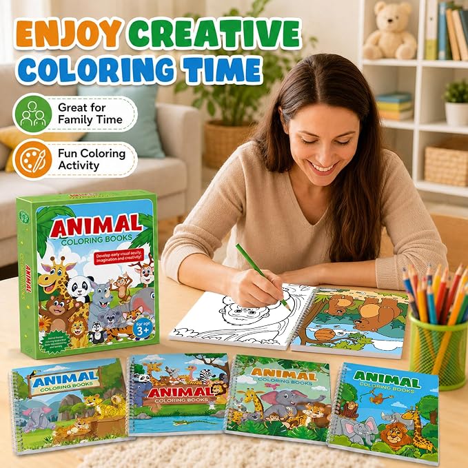 4 Pack Jungle Safari Animal Coloring Books 8.6x11 Inch Spiral Bound Coloring Books Bulk Zoo Animal Themed Activity Book DIY Crafts for Birthday Travel Gifts Party Favors Holiday Trip Supplies