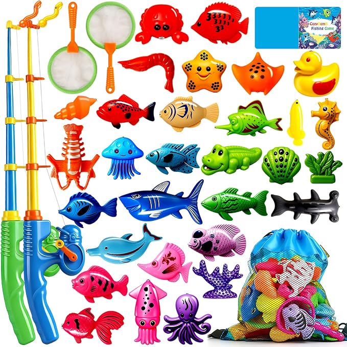 CozyBomB™ Magnetic Fishing Toys Game Set for Kids | Water Table Bathtub Kiddie Pool Party Pole Rod Net, Outdoor Plastic Floating Fish, Toddler Bath Color Ocean Sea Animals Birthday Gift Age 3-5 6 4-8