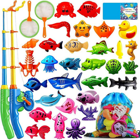 CozyBomB™ Magnetic Fishing Toys Game Set for Kids | Water Table Bathtub Kiddie Pool Party Pole Rod Net, Outdoor Plastic Floating Fish, Toddler Bath Color Ocean Sea Animals Birthday Gift Age 3-5 6 4-8