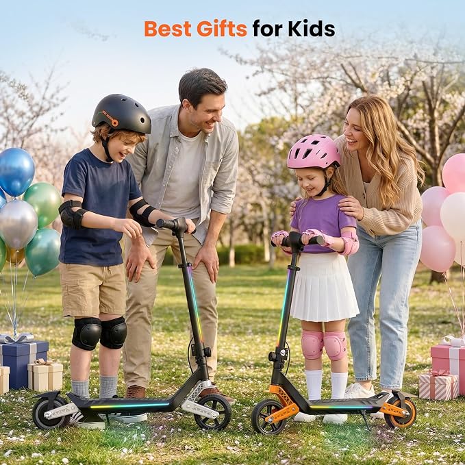 Electric Scooter for Kids Ages 6-12, Shock Absorption, 3/6/10 MPH, 3 Heights, 150W Motor, 6.5" Solid Tire, Foldable Lightweight Kids Electric Scooter with LED Display, Bluetooth & RGB Lights