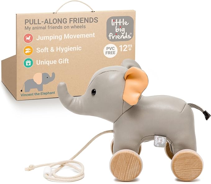 Little Big Friends Pull Toy for Toddlers | Soft Walking Toy with Adjustable Cord | Easy-to-Clean Developmental Toy | Vincent The Elephant