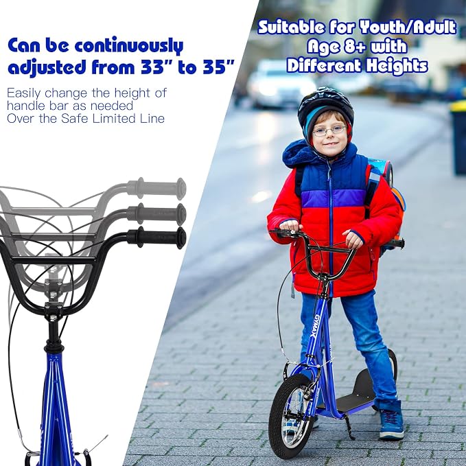 GYMAX Scooter, Kids & Adults Off-Road Scooter with 12" Inflatable Wheels, Adjustable Height Handlebar, V-Type Handbrakes & Axle Pegs for All Terrain, 8+