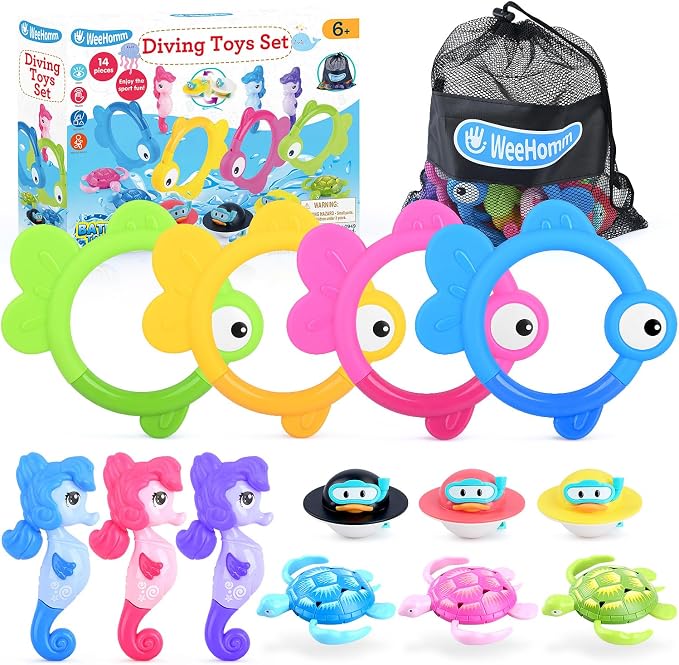 WeeHomm Pool Diving Toys for Kids, 14 PCS Swimming Pool Diving Rings, Summer Dive Sticks with Float Toys for Kids 4-8 8-12, Sea Animals Sinking Games for Teens, with Seahorse/Fish/Turtles/Ducks
