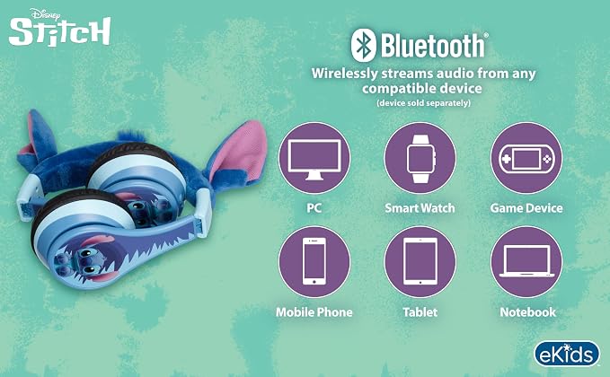 Disney Stitch Bluetooth Headphones for Kids, Wireless Headphones for School, Home or Travel