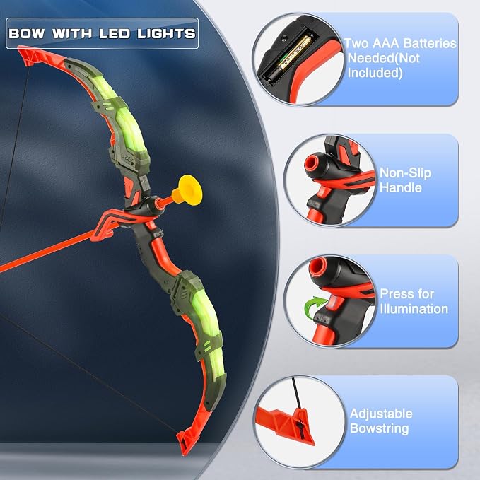 Bow and Arrow Set for Kids, 2 Pack LED Light Up Archery Set with 20 Suction Cup Arrows, Indoor and Outdoor Toy for Boys Girls Age 4-8 8-12 with Standing Target&2 Quivers, Birthday Gift 3-12 Years Old