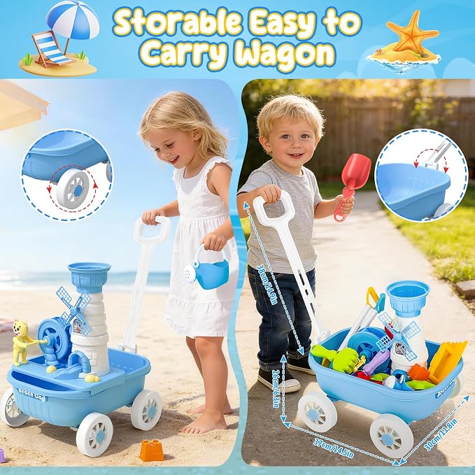 deAO Beach Toys for Kids 21 Pcs Sand Toys Set Includes Wagon Water Wheel Beach Tool Kit Watering Can Molds Summer Gifts for Toddlers Ages 3-8
