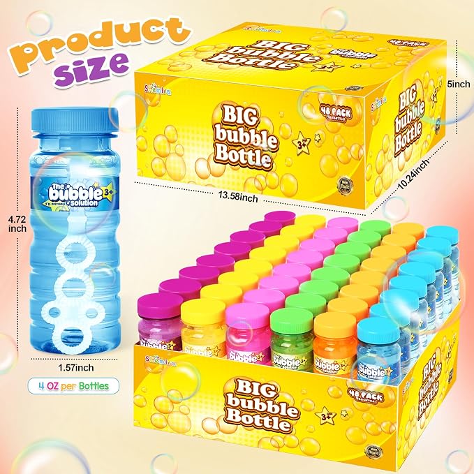 Shemira 48 Pcs Bubble Bottles with Wand, Bubble Party Favor Supply for Summer Indoor & Outdoor Activities, 4 OZ Bubble Solution Summer Toy in 6 Colors, Party Favor & Birthday Party Supplies