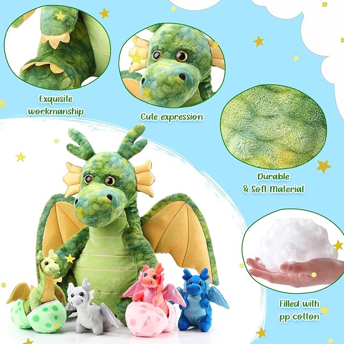Arrowbash 7 Pcs Dragon Plush Toys Gift Set 15.75" Large Dragon Mom Stuffed Animal with 4 Cute Babies and 2 Eggs in Mommy's Belly for Kids Birthday Christmas Classroom Prizes(Green)