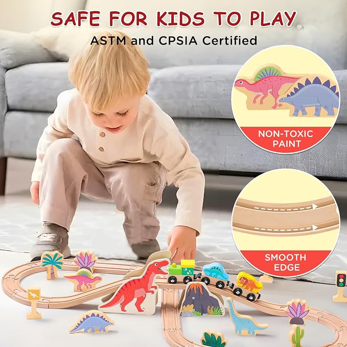 SainSmart Jr. Wooden Train Set Dinosaur Theme, Train Toys with 6 Kinds of Dinosaurs, Dinosaur Train Compatible with Brio, Thomas, Melissa & Doug – Perfect Wood Toy for Boys and Girls