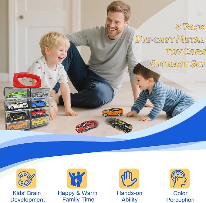 KIDAMI 8 Pack Pull Back Die Cast Metal Toy Cars, 1:64 Scale Sports Race Cars with Detachable Storage Case, Portable Vehicles Carrying Case Set with Handle for Kids Adults Gift