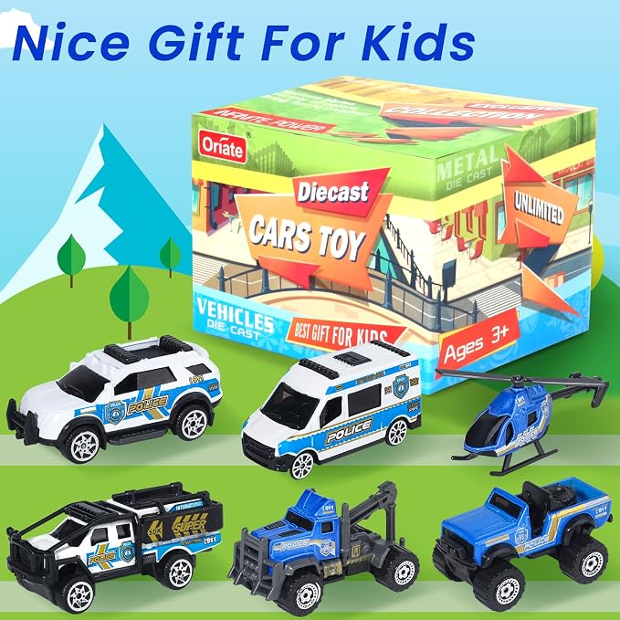 Oriate 6 PCS 1:64 Die-Cast Police Car Toys & Emergency Vehicles Set - Include Helicopter, Tow Truck Toy, ATV - Cake Topper, Police Cars Party Favors, Birthday Gift for Boys Girls Ages 3 4 5 and Above