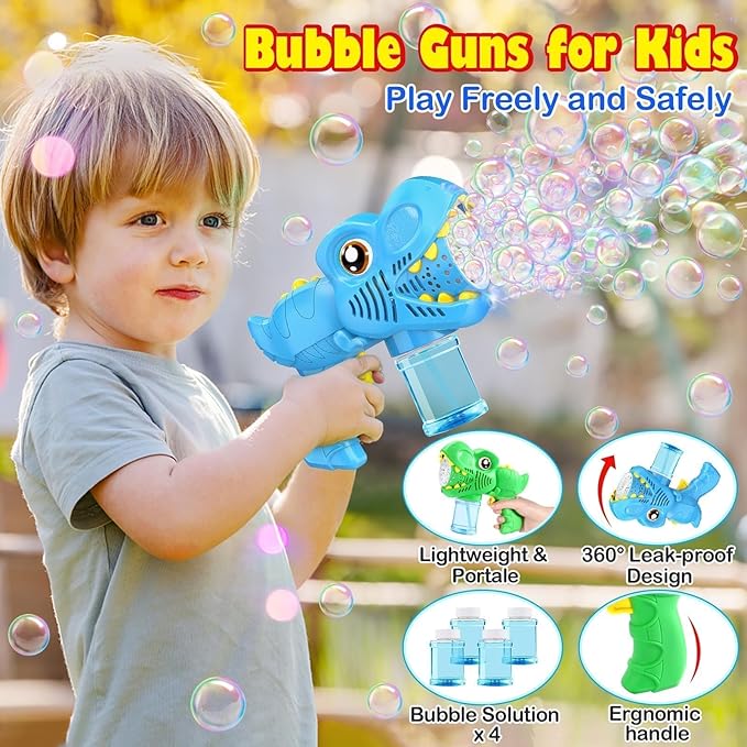 Kids Bubble Gun 2 Pack Dino Bubble Machine Gun for Toddlers with 4 Solutions Outdoor Toys Automatic 13-Hole Bubbles for Kids Blower Maker Easter Basket Stuffers Valentines Gift Party for Boys Girls