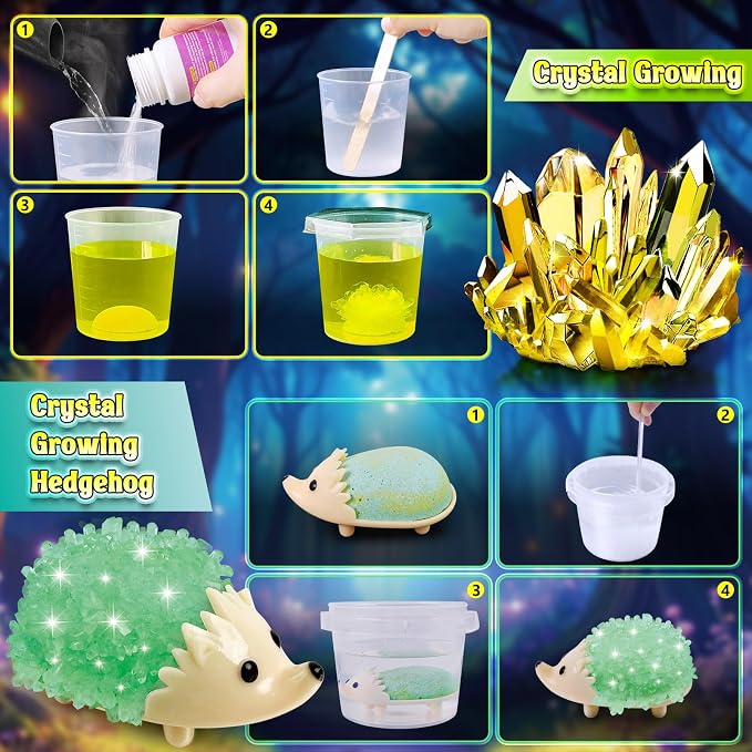 UNGLINGA Crystal Growing Kit for Kids, Chemistry Experiments Science S.T.E.M Toys Gifts Idea for Boys Girls, Crystal-Growing Tree, Hedgehog Crystal, Grow 6 Vibrant Crystals Making Kit