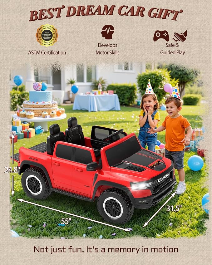 First Ride On 24V Ride On Toys for Big Kids, RAM 1500 2 Seater Ride on Car w/Remote, Battery Powered Truck w/ 4 Wheels Suspension, Toddler Car w/Bluetooth, LED Lights, Trunk