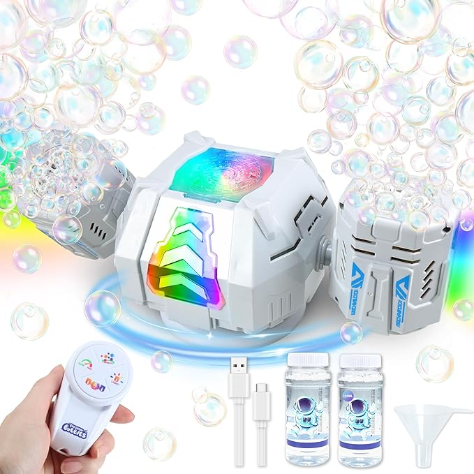 2026 RC Bubble Machine with RGB Lights, 360° Auto Rotation Bubbles Toy, Rechargeable Battery, Bubble Blower Maker for Kids, Parties, Birthday Gift, Weddings, Indoor Outdoor Activity, 30k+ Bubbles/Min