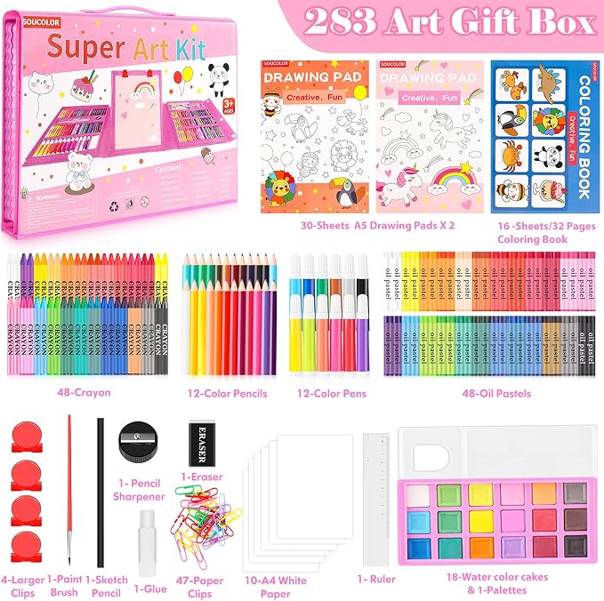 Soucolor Art Supplies, 283 Pieces Drawing Set Art Kits with Trifold Art Easel, 2 Drawing Pads, 1 Coloring Book, Crayons, Pastels, Arts Gifts Case, Coloring Set